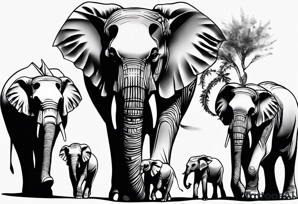 family of 6 elephants walking into sunset tattoo idea