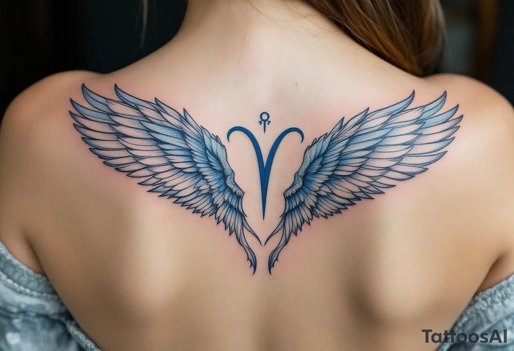 A graceful guardian angel with large feathered wings, holding a Virgo symbol close to her heart. The color palette includes light blue, silver, and soft white, symbolizing Virgo’s protective and pure energy. tattoo idea