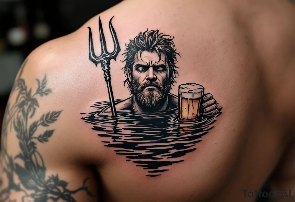 Drunk guy with trident half way in calm water with a beer tattoo idea