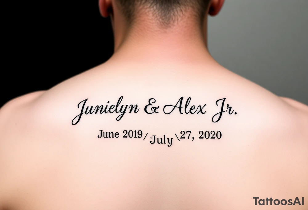 Junelyn & Alex Jr in cursive font & the dates June 9th 2019 & July 27th 2020 in roman numerals tattoo idea