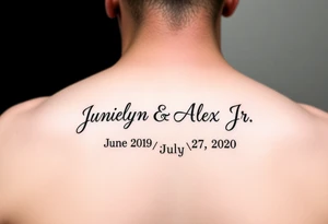 Junelyn & Alex Jr in cursive font & the dates June 9th 2019 & July 27th 2020 in roman numerals tattoo idea