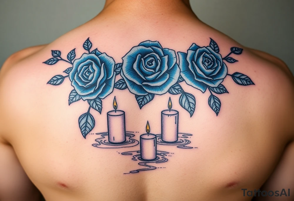 Blue roses and candles, water, name tattoo idea