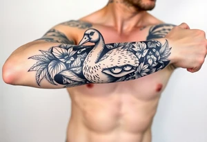 Jungle vibes from hand to shoulder, hidden silly goose, tattoo idea