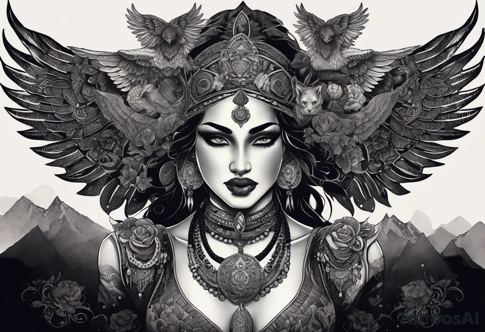 black kali, goddess pirate, alien, angel, pachamama, valkrye, warrior, flying, skull, lotus azul, wing, eagle, zenza resonance, stars, 5D, anahata chakra, death, durga, riding on a tiger, flying lady, kundalini, chest tatoo, samuri, rebel,serpent tattoo idea