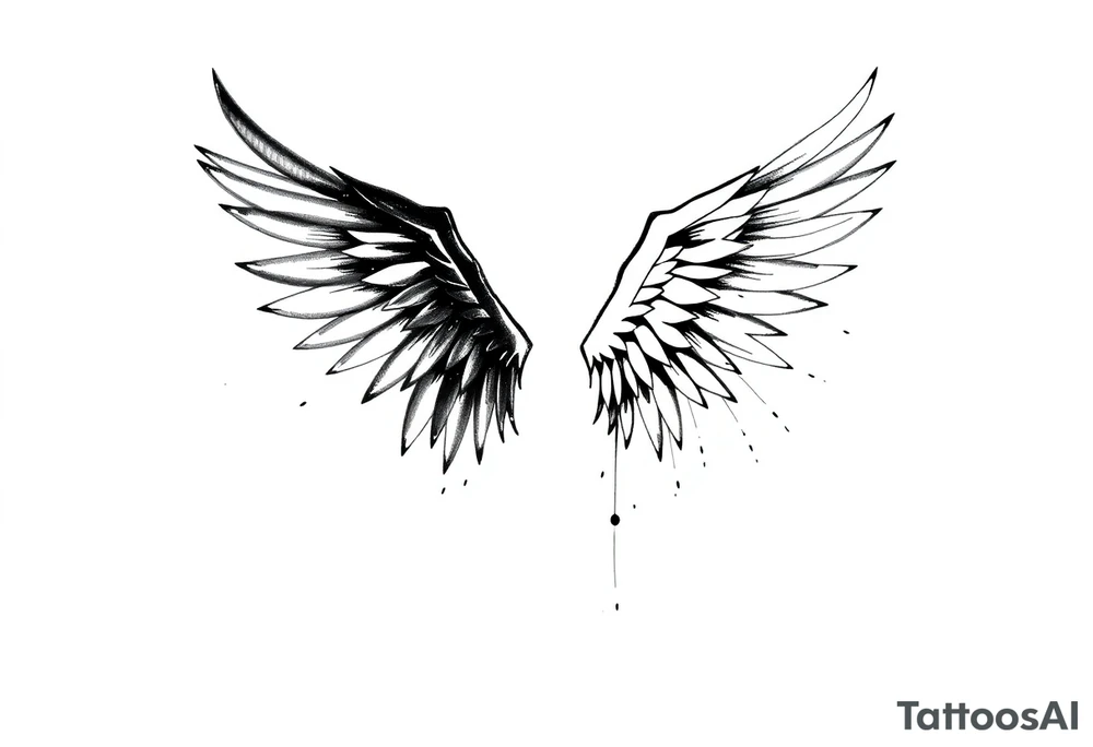 This tattoo design features a pair of asymmetrical angel wings drawn in black ink with a rough, sketch-like style. The left wing is darker, more defined, and appears denser, while the right wing is lighter, more delicate, and fragmented, creating a contrast between the two. The feathers are sharp and irregular, with fine lines and stray strokes extending outward, adding a raw and artistic feel. The overall look is dynamic and slightly chaotic, giving the impression of movement or an unfinished, ethereal form. This design symbolizes duality, freedom, transformation, or even struggle, making it a meaningful and visually striking tattoo. tattoo idea