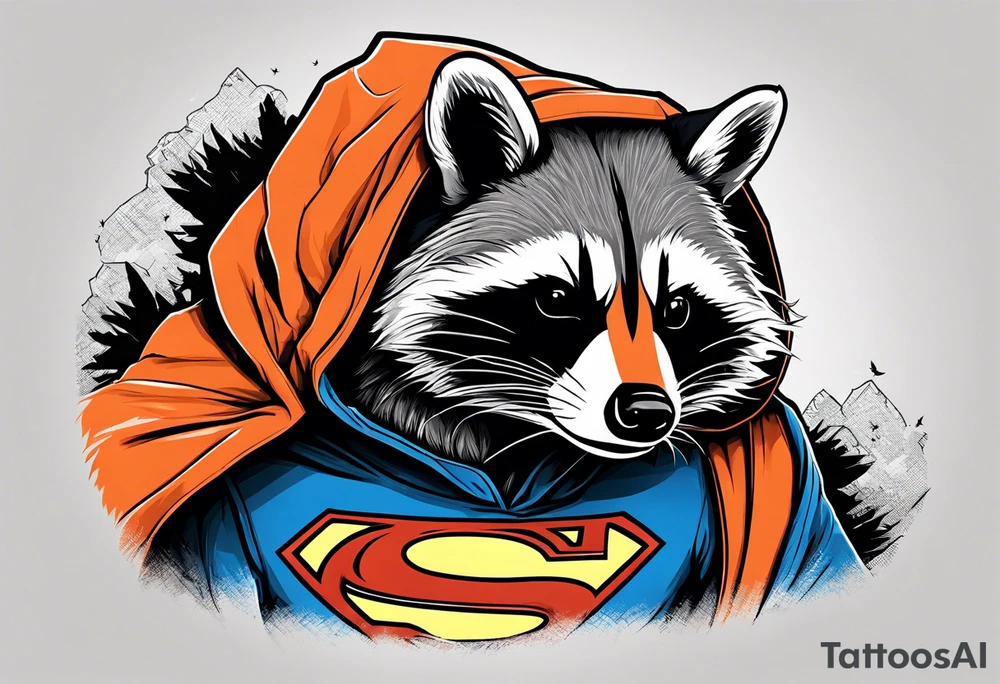 Raccoon wearing an orange Superman hoodie tattoo idea