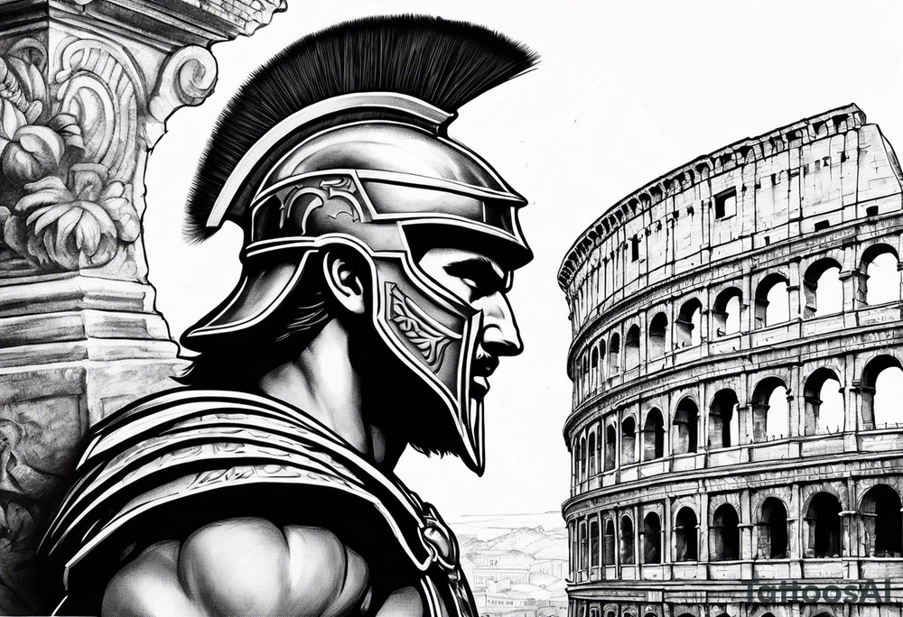 Side profile of spartan soilder looking at Roman colosseum tattoo idea