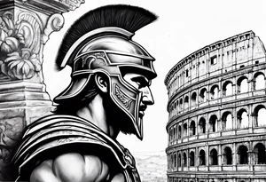 Side profile of spartan soilder looking at Roman colosseum tattoo idea