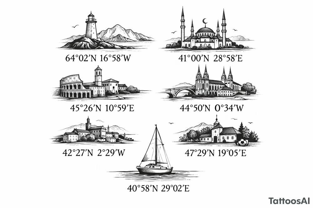 Iceland x3 (sindri, ibv, stjarnan)
Italy x2 (Verona, Sassuolo)
Spain (Logrono) 
Turkey x2 (Fenerbahce, Besiktas)
Hungary (Fradi)
France (Bordeaux) Something small that contains these countries or clubs no logos maybe coordinates tattoo idea