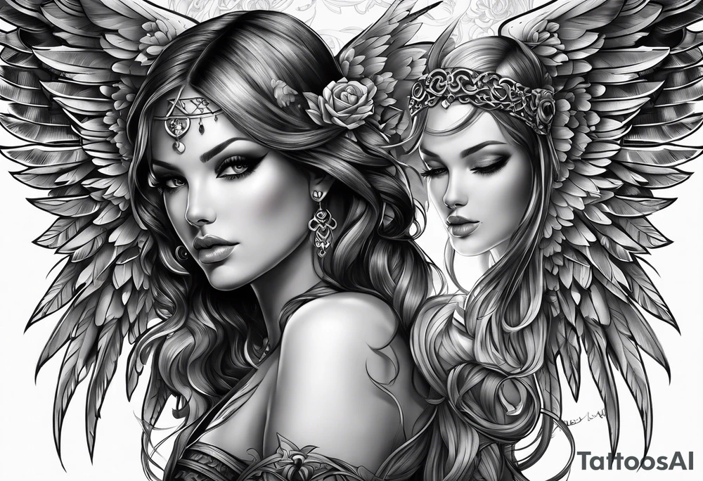 Tattooed portrait Angel with The name « Leah » is written in gothic letters. tattoo idea