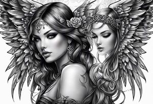 Tattooed portrait Angel with The name « Leah » is written in gothic letters. tattoo idea