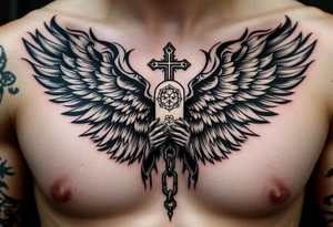 Angel hold headstone in hands with a cross chain hanging down with large wings tattoo idea