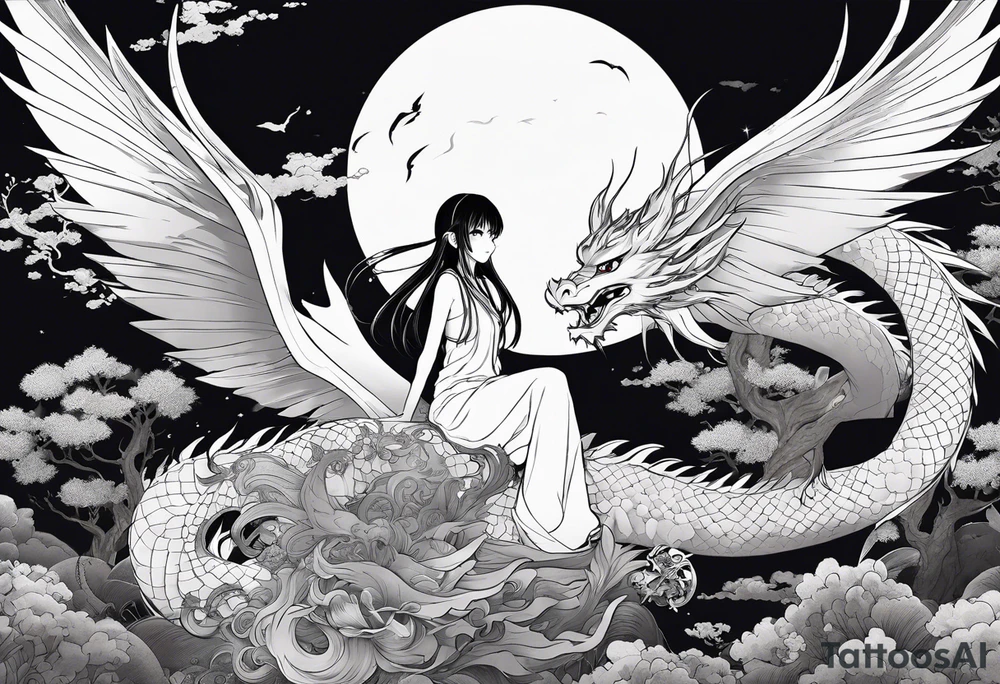 a full shot of an anime girl seen from far, sitting on a ball and surrounded by asian dragon with wings tattoo idea