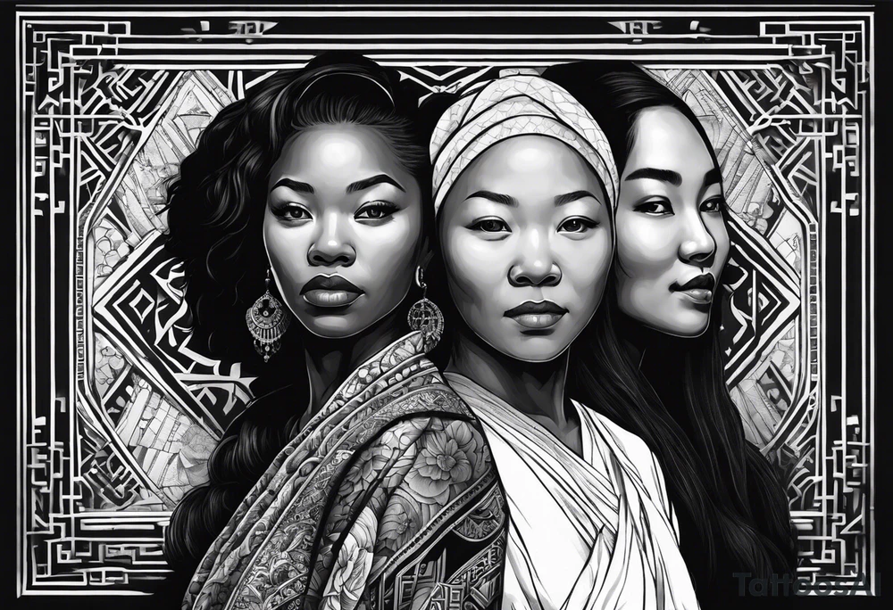 three  people side by side. a really really young black Daughter on the left, a white mother in the middle, really really old asian grandmother on the right. greater age difference, in an artfully decorated frame tattoo idea