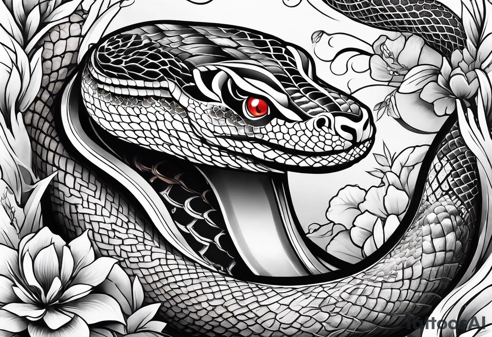sleeve tattoo with a snake and Japanese designs tattoo idea