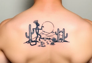 Kokopelli symbol in desert scene with cactus and sun tattoo idea