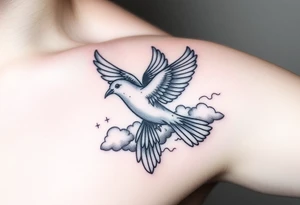 Dove and a blue jay, clouds, shining light to or from heaven tattoo idea