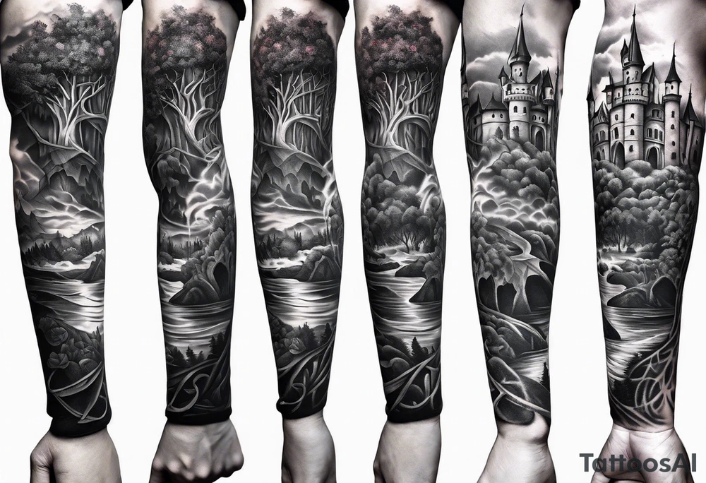tattoo fool sleeve, old broken gothic castle, tree roots break out of the chains, roses tattoo idea