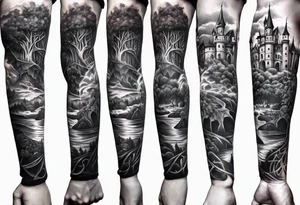 tattoo fool sleeve, old broken gothic castle, tree roots break out of the chains, roses tattoo idea