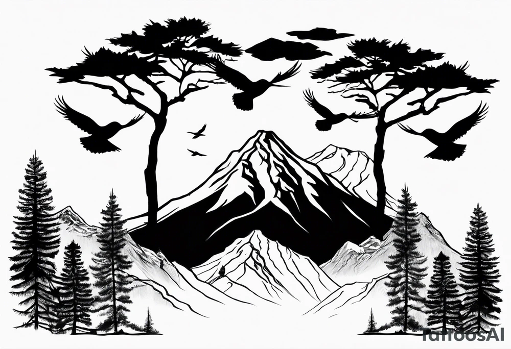 A mountain scape with trees. 5 silhouettes of birds. tattoo idea