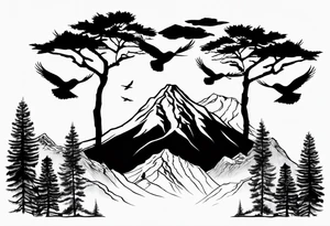 A mountain scape with trees. 5 silhouettes of birds. tattoo idea