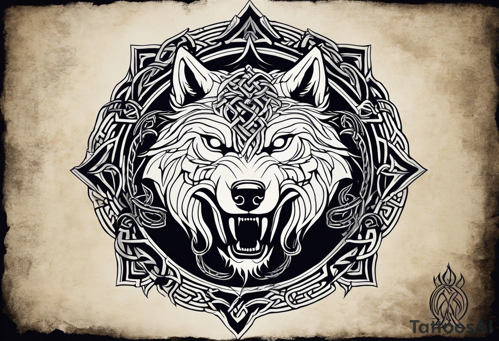 A powerful tattoo design combining Nordic, Greek, and Celtic symbols to represent someone who made you believe in humanity's goodness, only to turn out to be its ultimate betrayer. The centerpiece is a snarling wolf, symbolizing Fenrir, with glowing eyes and an open mouth, representing betrayal and destruction. Surrounding the wolf is the Ouroboros, a serpent eating its own tail, symbolizing the endless cycle of trust and betrayal. The Triskelion, with its three interlocking spirals, appears in the background or as a border, representing the shifting balance between light and dark. Incorporate fire and ice elements to reflect the contrast between warmth (trust) and coldness (betrayal), with Celtic knotwork and runes adding ancient, mystical depth to the design. tattoo idea
