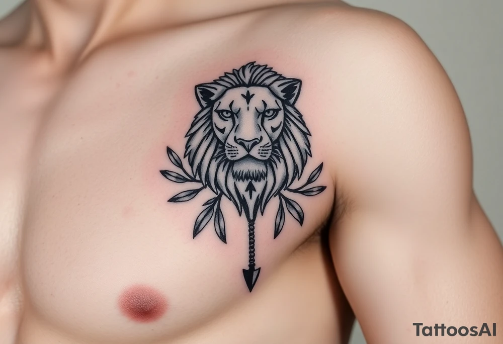 make me a realistic a Leo with an arrow coming out down and two sides surrounded by an olive tree leaf tattoo idea