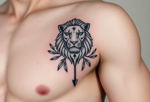 make me a  realistic  a Leo   with an arrow coming out down and two sides surrounded by an olive tree leaf tattoo idea