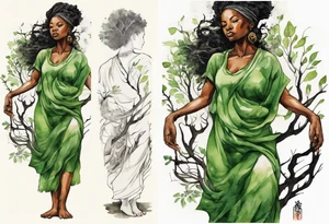 a tree trunk with roots that is a black woman from the waist up, feet made of tree roots, wearing a green tunic, arms stretched upwards towards the noon sun tattoo idea