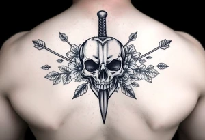 Realistic skull with dagger through it. Surrounds my arrows, flowers and leaves tattoo idea