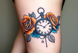 2 Blue and orange roses with a clock on the thigh that’s says Prince, Christopher, Mckyiah, Christopher Sr tattoo idea