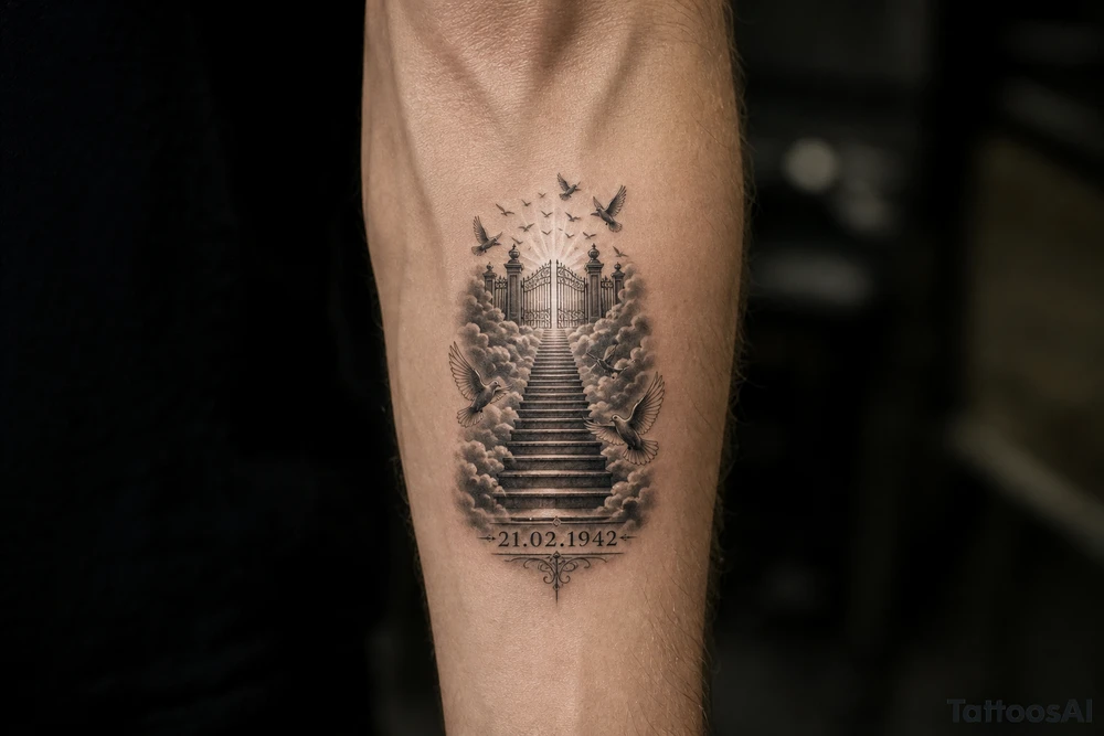 Stairway to heaven, with clouds surrounding the stairs, and the gate being at the top. A date, below the stairs, in Roman numerals 21.02.1942. Also, add some doves flying above the gates, and around the stairs. tattoo idea