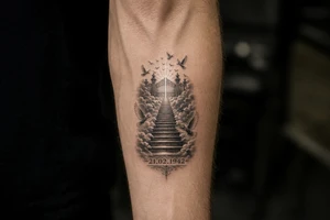 Stairway to heaven, with clouds surrounding the stairs, and the gate being at the top. A date, below the stairs, in Roman numerals 21.02.1942. Also, add some doves flying above the gates, and around the stairs. tattoo idea