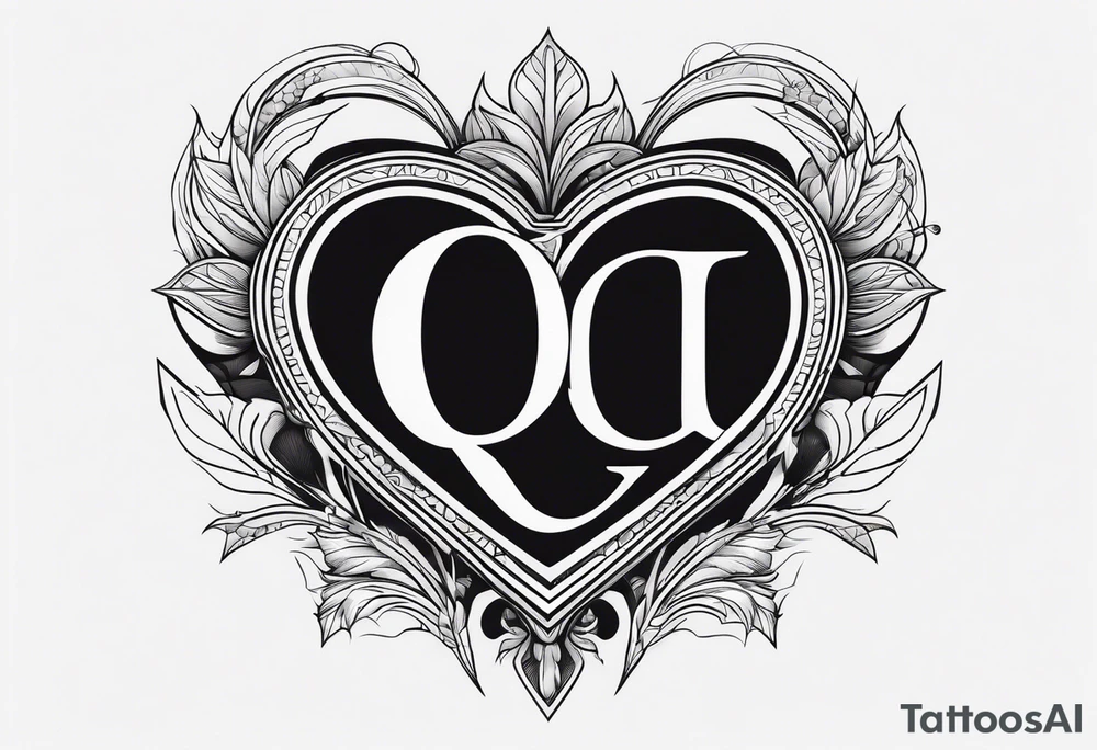 A black heart design, with the letter Q embedded in the center. tattoo idea