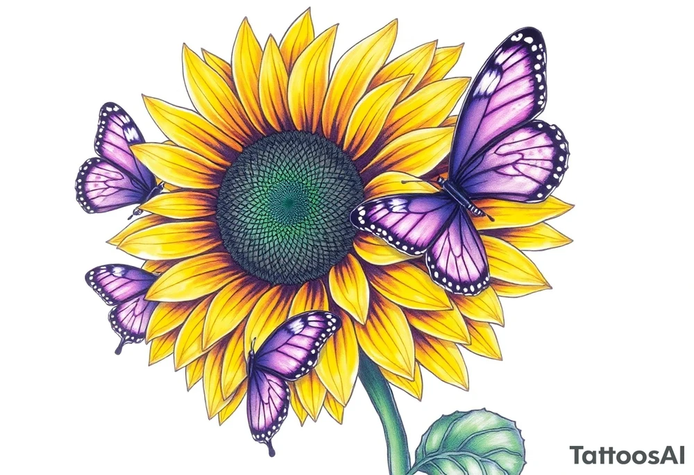 Sunflower with purple butterflies on side tattoo idea