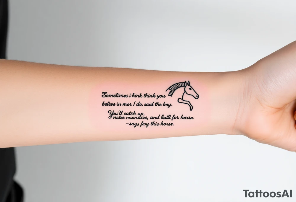 Strong Tattoo based on the book the boy, the fox, the mole and the horse that says “sometimes i think you believe in more than I do said the boy.  You’ll catch up says the horse” tattoo idea