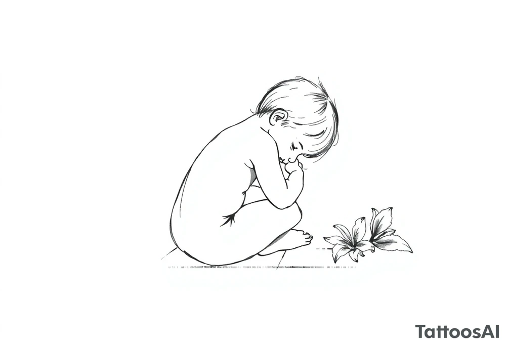 A simple tile floor with a minimalist silhouette of a curled up child sitting on the floor with a lily next to her tattoo idea