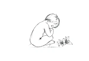 A simple tile floor with a minimalist silhouette of a curled up child sitting on the floor with a lily next to her tattoo idea
