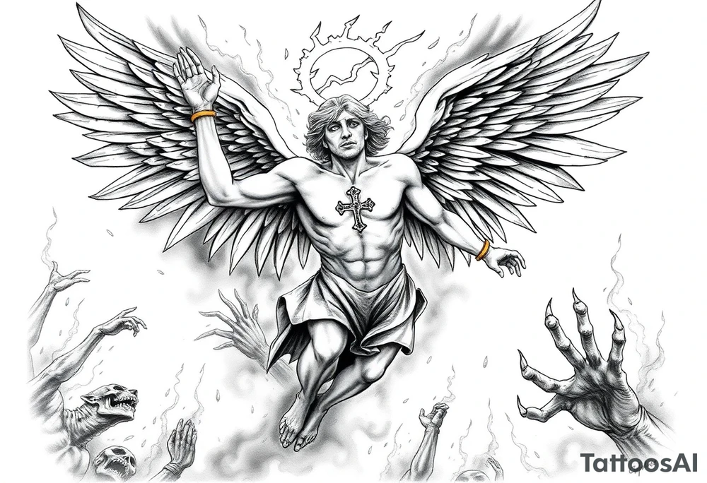 A fallen angel falling from heaven to hell , his wings catch fire and partially burn his halo breaks, Demons and dead souls reach out for him, he has a sexy demon women  holding onto his side as he falls , fire and smoke throughout the backround with creatures lurking in the back, theres an upside diwn cross burnt into his chest tattoo idea