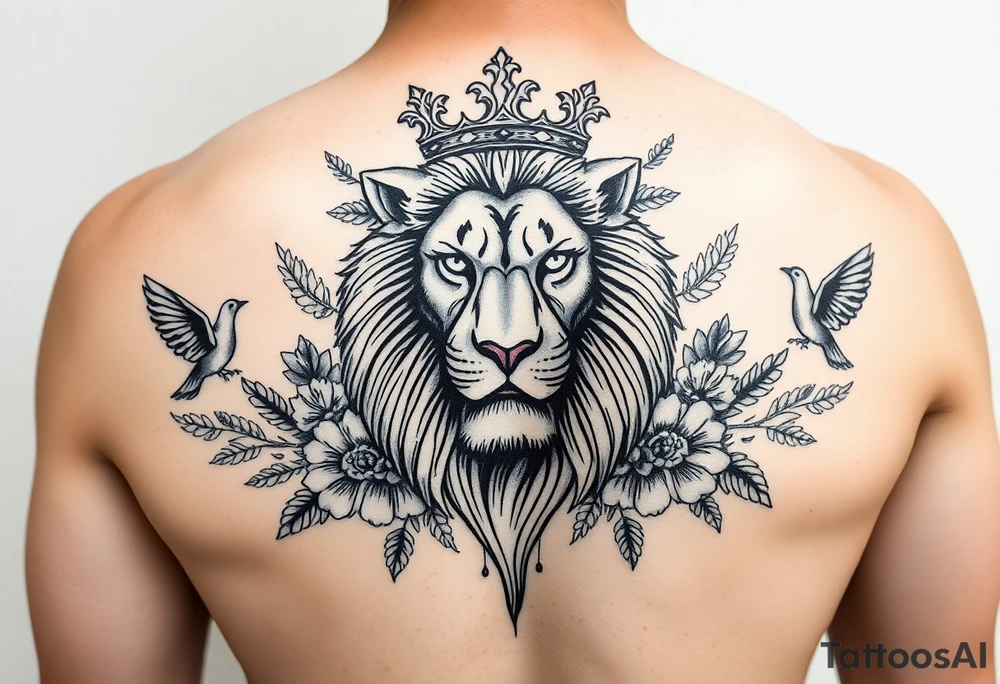 powerful majestic lion with a crown, surrounded by floral ornaments and birds tattoo idea