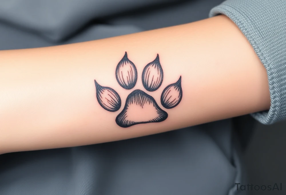 A detailed cat paw print with soft fur textures, using natural tones of cream, gray, and light brown for a delicate and cozy feel and hearts within tattoo idea