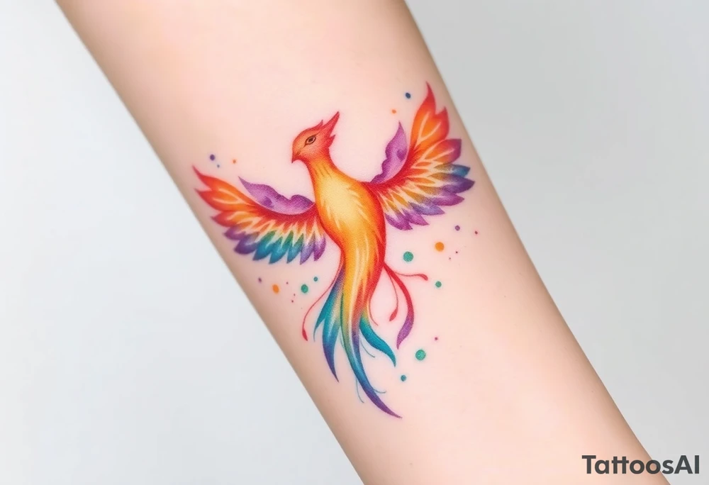 Phoenix in flames with purple, blue, orange, teal and green splashes, looking upwards. Materializing from below, no outline. tattoo idea