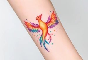 Phoenix in flames with purple, blue, orange, teal and green splashes, looking upwards. Materializing from below, no outline. tattoo idea