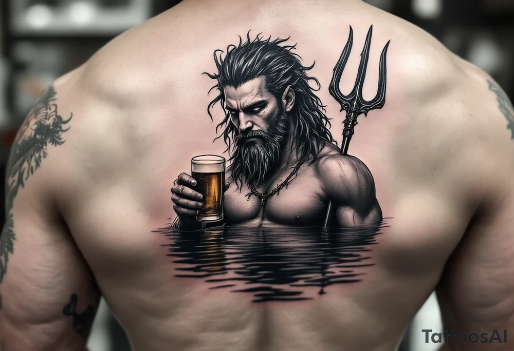 young, fit poseidon in calm water, behind a trident, holding a beer tattoo idea