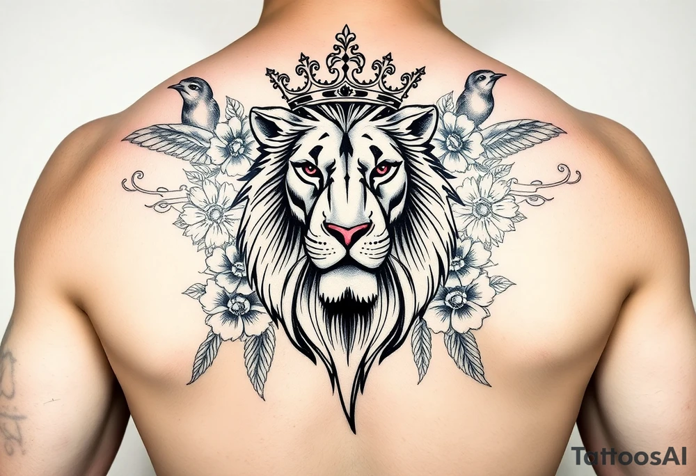 powerful majestic lion with a crown, surrounded by floral ornaments and birds tattoo idea