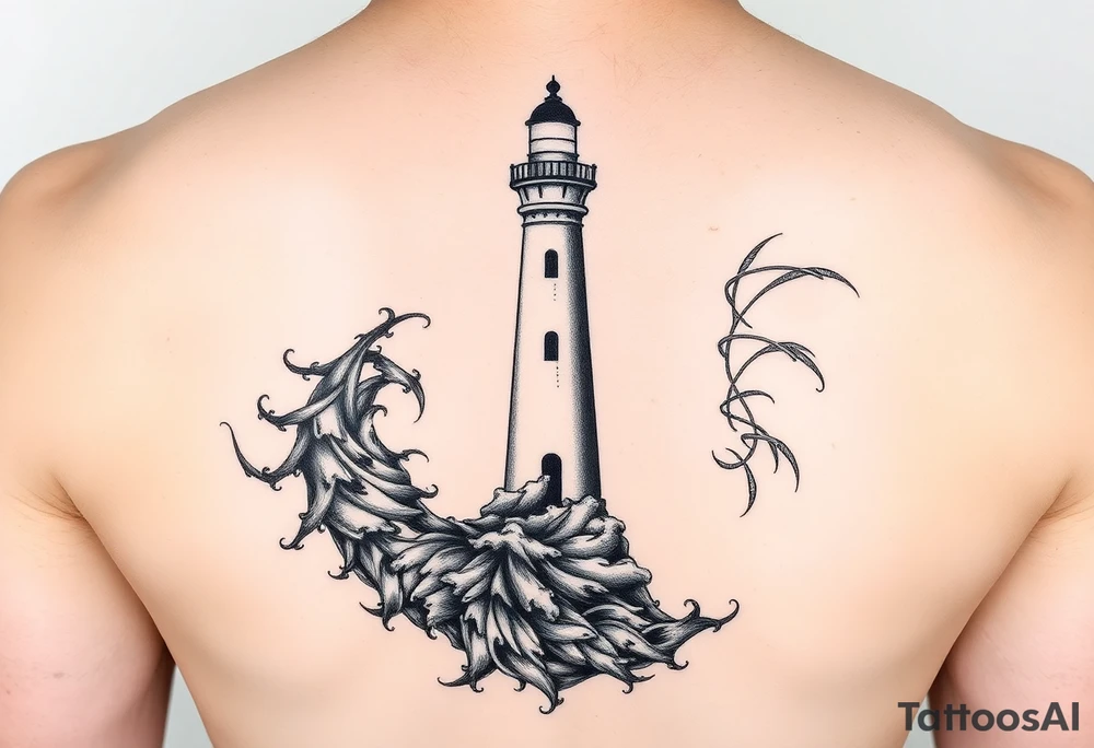In the center: A steady lighthouse, its light burning, radiating outward.

From the base of the lighthouse: a fractal spiral that extends and transforms—it begins chaotic, dark, with tangled lines, and opens into more harmonious patterns toward the edges.

The background: a mix of storm, waves, and energetic lines, but without obscuring the lighthouse or the spiral—instead, they embrace them, as if they were part of the transformation. tattoo idea
