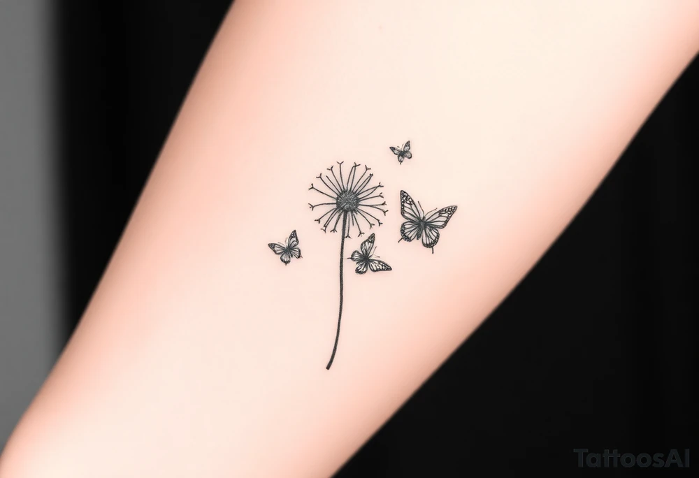 a dandelion and tow simple butterflies flying around it tattoo idea