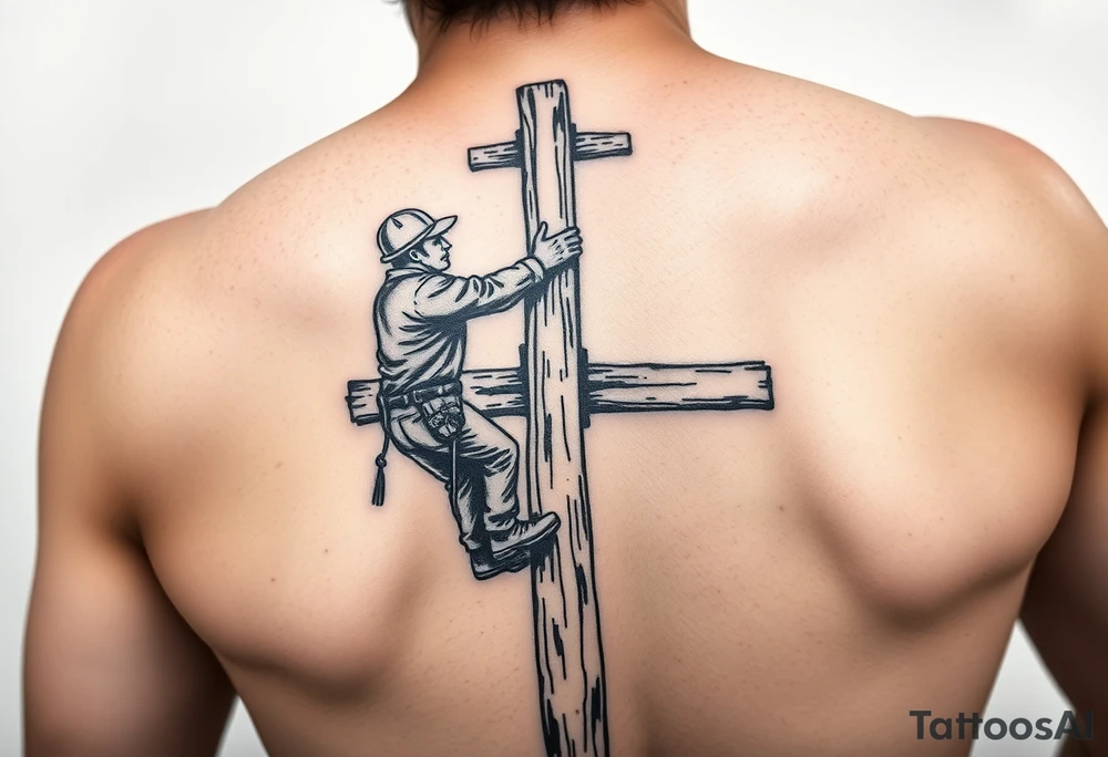 power lineman climbing a wooden 12kv pole. Make the pole a cross that has a hidden resemblance to god. Make the lineman Mexican tattoo idea