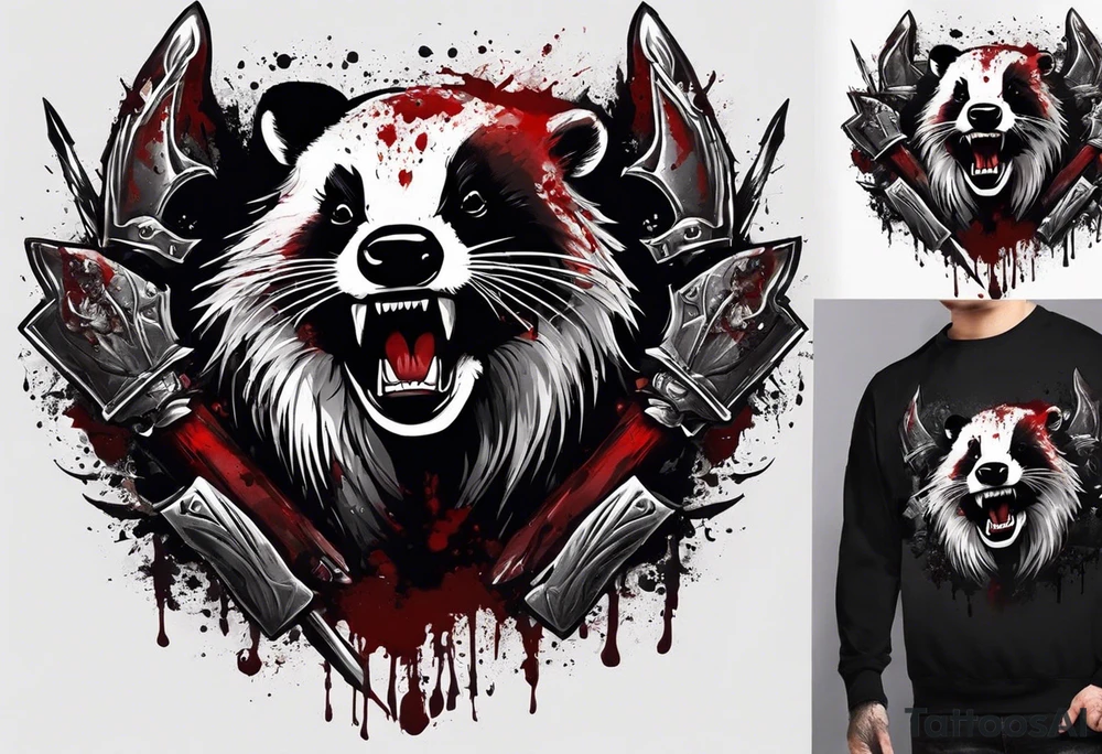 Draw me psychopath badger/Warrior with aggressive full body, killer face with a smile, very long nails and he attacks like a Bloody Warrior to us and also, he has very deadly looking. He fights with his nails. Everybody scares after their first sight. Give me horror type Badger Tattoo. I want to see his full body. tattoo idea