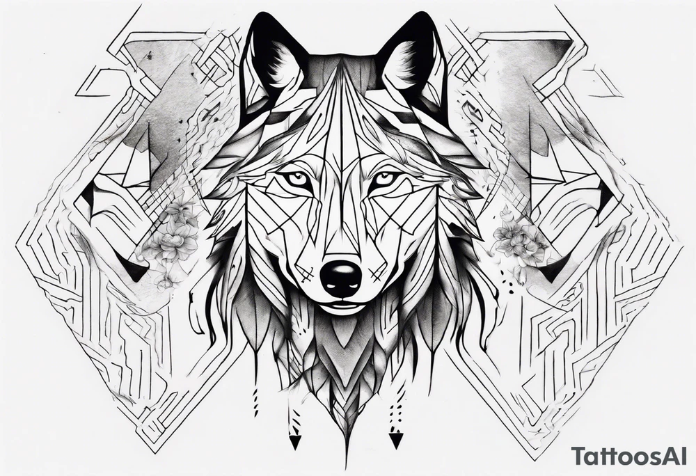 Wolf's face with geometric patterns flowing from it along with impressions of trees, a forest tattoo idea